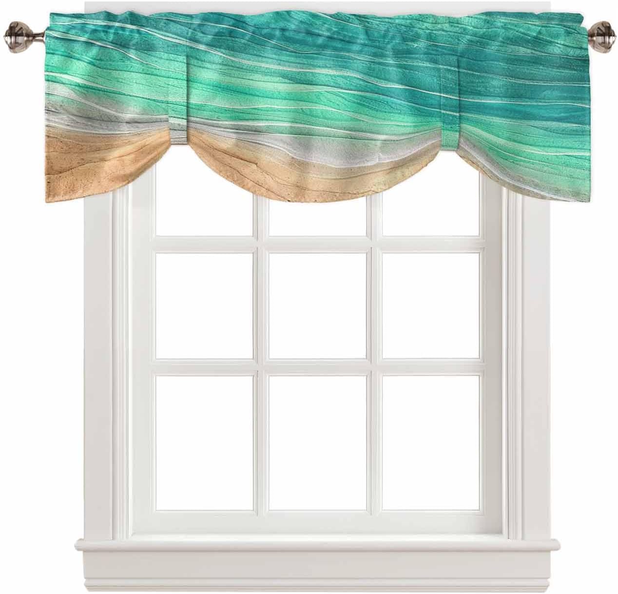 RisQiten Teal Ombre Coastal Tie Up Valance Curtains for