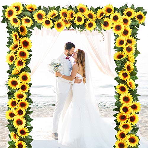 Image of Sunm Boutique 2 Pack Artificial Sunflower Garland Fake Sunflowers Garland Silky Sunflower Vine for Home Garden Party Decor, Yellow, 2 Pcs