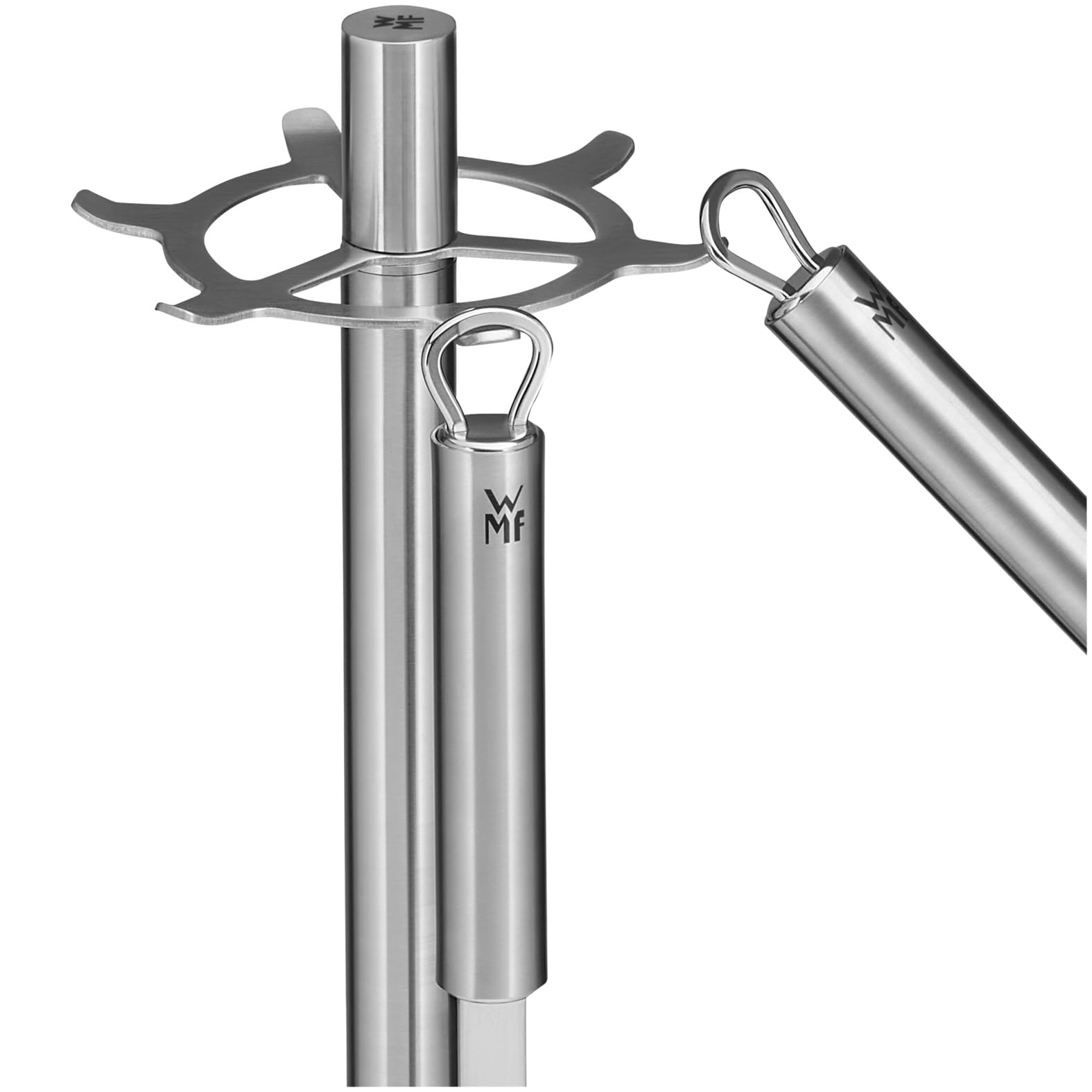 WMF Profi Plus Küchenhelfer Set Edelstahl 7-teilig, Küchenbesteck, Ständer mit 6 Helfern, Schöpflöffel, Schaumlöffel, Wokwender, Wender, Schneebesen, Gemüseschäler, Cromargan Edelstahl, spülmaschinengeeignet