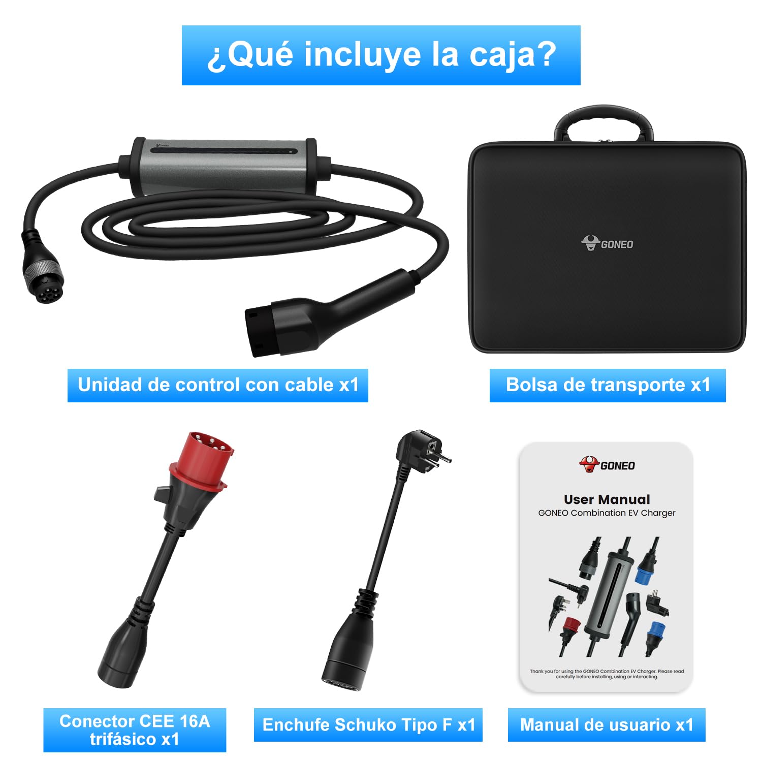 GONEO Estación de Carga para vehículos eléctricos 11kW 7m[8-16A, Trifásico] Wallbox con Enchufe (Schuko y CEE) Cargador Vehiculo Electrico con Corriente Ajustable y Carga Temporizada IP66 IEC 62196-2