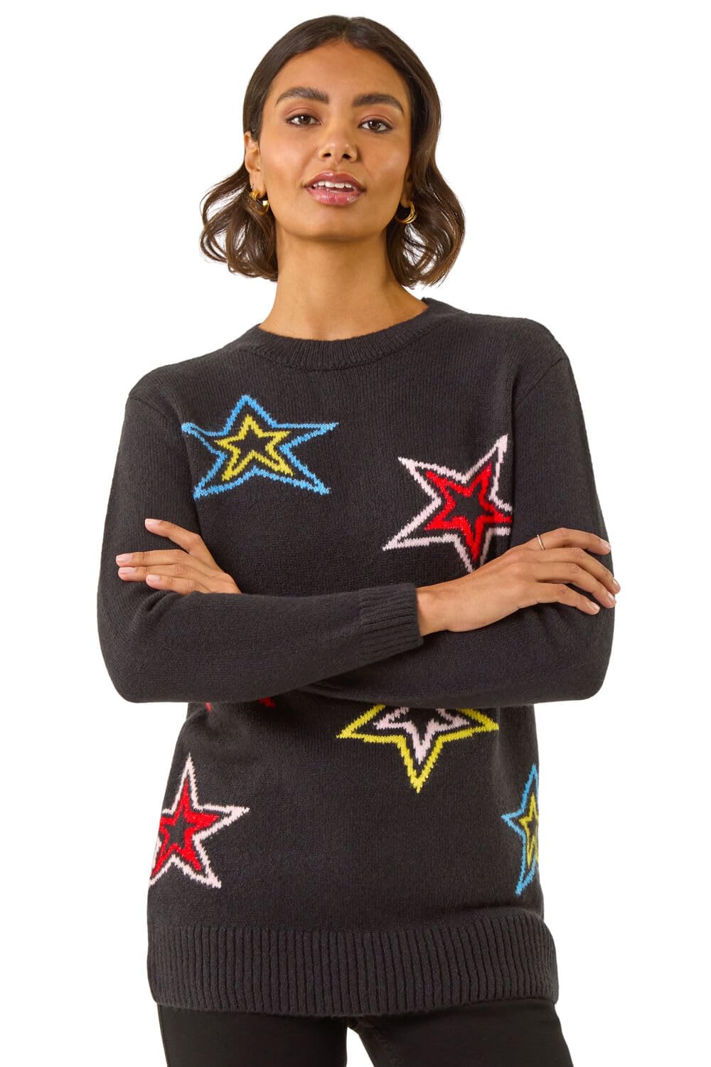 Roman Originals Thick Jumper for Women UK - Ladies Winter Autumn Smart Casual Knit Knitted Knitwear Pull-On Round Crew Neck Long Sleeve Work Office Dinner Party Black Multi