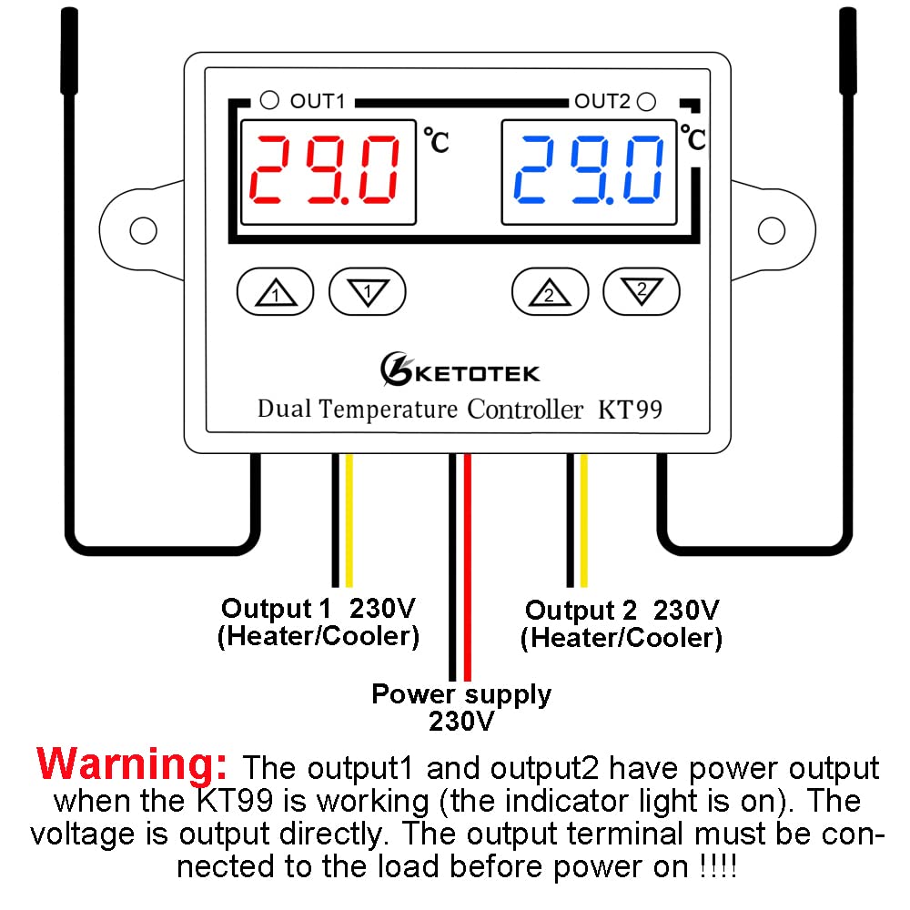 KETOTEK Regulateur de Temperature 220V Thermostat avec 2 étanche Sondes | Double Controleur de Temperature Numerique pour Aquarium Incubateur Couveuse, Mode chauffage et refroidissement