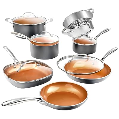 Gotham Steel 12 Pc Ceramic Cookware Set Nonstick, Ceramic Pots and Pans Set Non Stick with Steamer for Cooking, Non Toxic PFOA PFOS Free, Ergonomic Stay Cool Handles, Oven & Dishwasher Safe, Copper