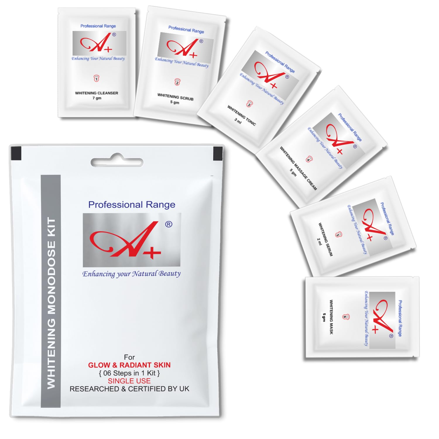 A+ Whitening Monodose Hydra Facial Kit | 6-Step Facial for Deep Hydration & Instant Glow | Enriched with Aloe Vera, Chamomile & Rose Extracts for Normal to Dry Skin, Improves Complexion (135g)