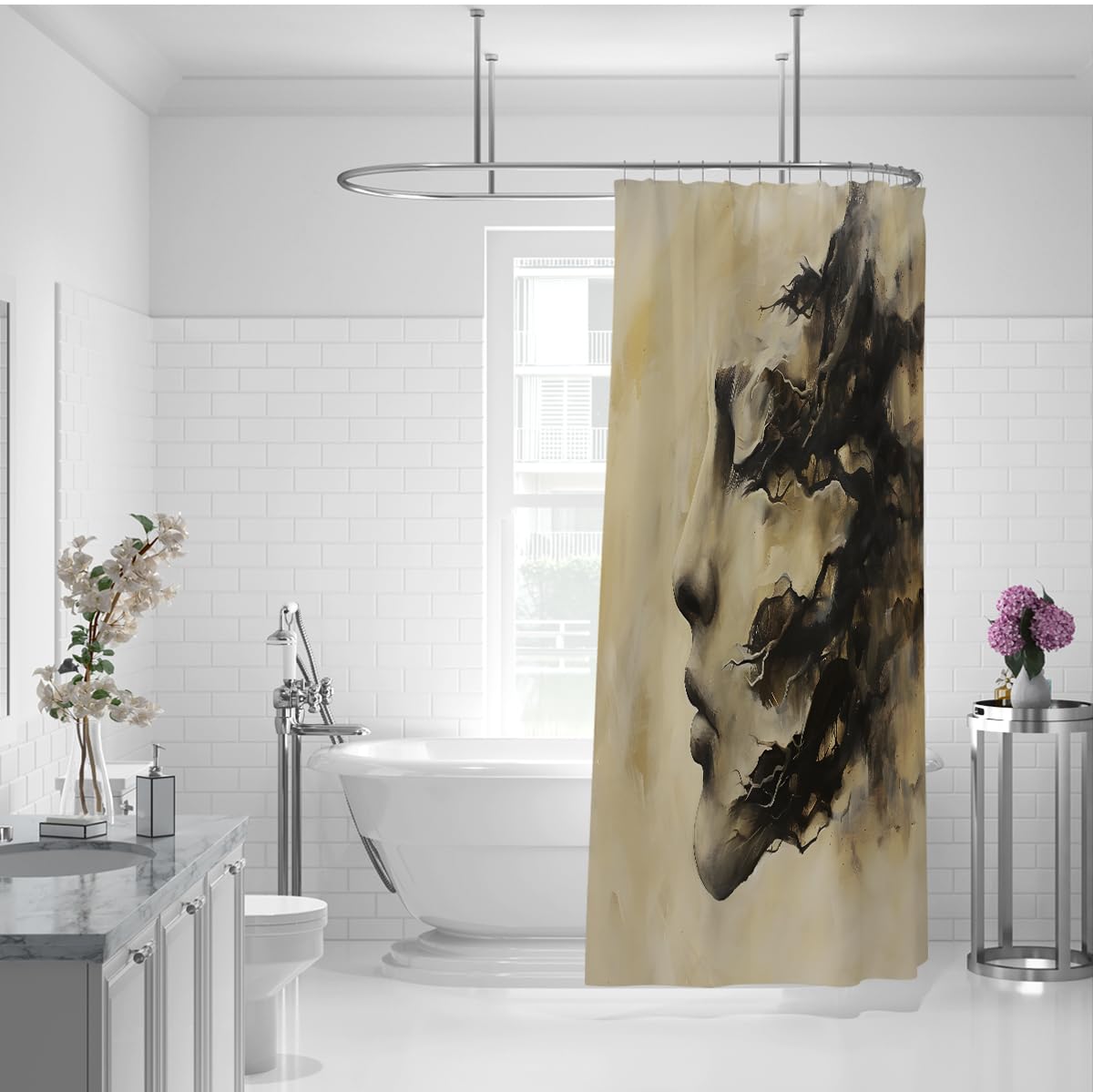 Abstraktes Gesicht Tinte Vintage-Duschvorhang 200 x 240 cm | Dunkler Aquarell-Badevorhang, wasserdichtes Polyester, Badezimmerdeko mit Kunststoffhaken