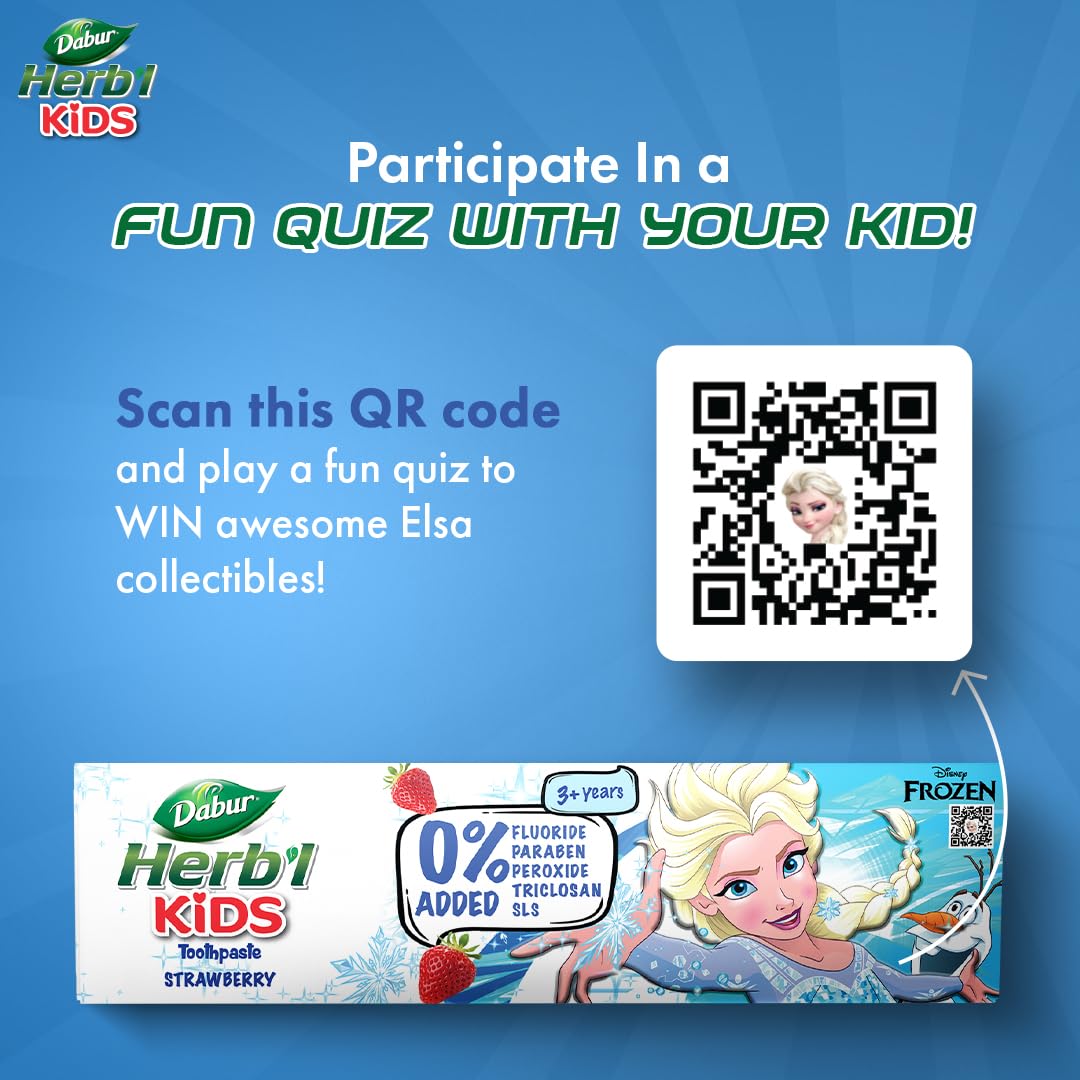 DABUR Herb'l Kids Elsa Frozen Toothpaste|3+ Years|Strawberry Flavour|80g|No added chemicals|Cavity protection|Fights germs|Strong Teeth,Healthy Gums|Natural & Safe For Kids|SLS & Flouride free 1