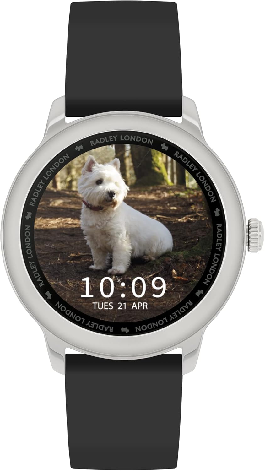 Radley Series 7 Smartwatch displaying a custom watch face with a dog photo.