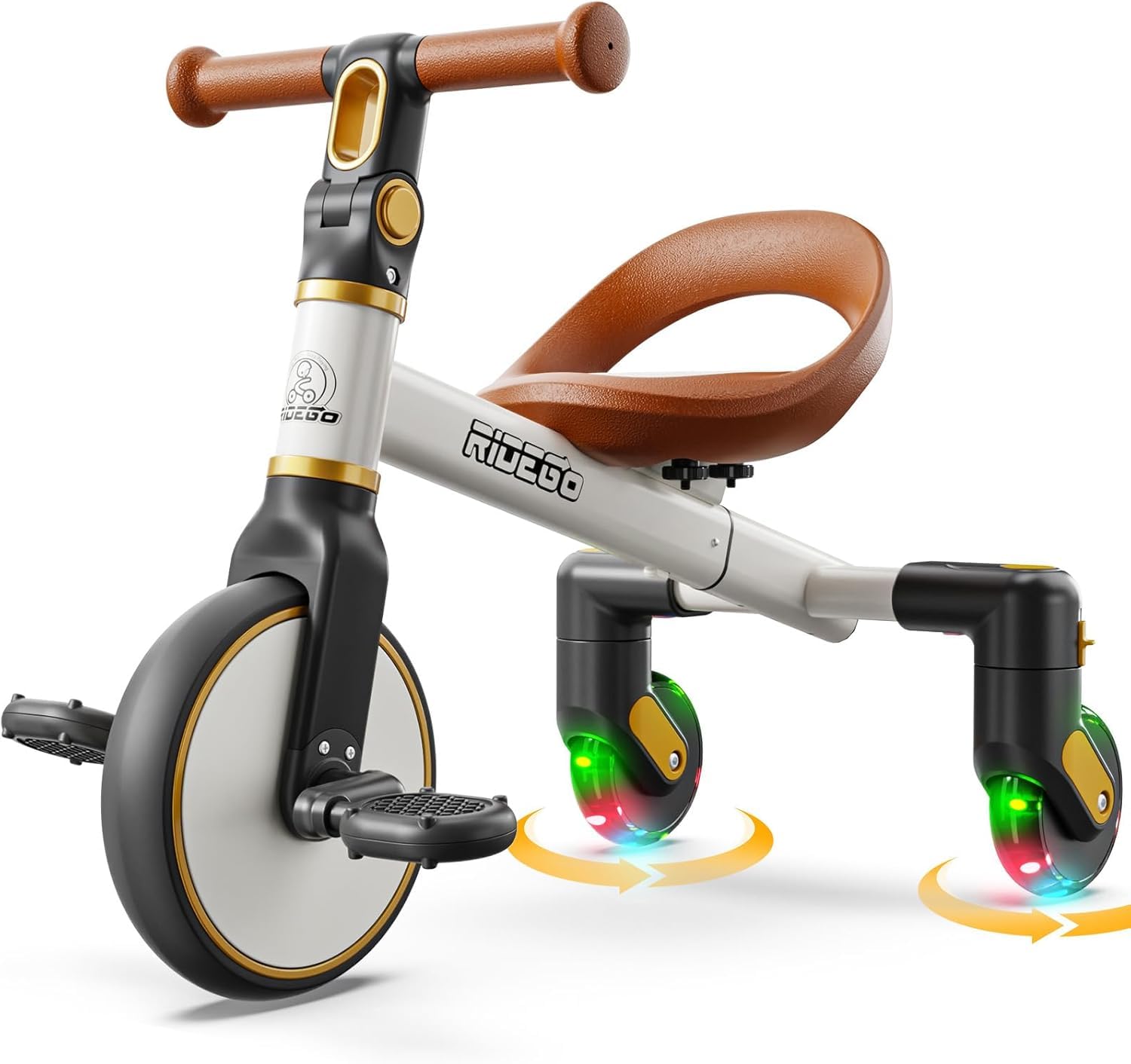 Ridego 3-in-1 Kids Tricycle for Toddlers Aged 2–5, 360° Drift Trike, Adjustable Seat, Battery-Free Light-Up Rear Wheels, Carbon Steel Frame, Ride-On Toy for Indoor & Outdoor Play