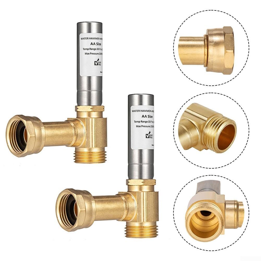 Pararrayos de martillo de agua en ángulo de 3/4 pulgadas para lavadoras, construcción de acero inoxidable y latón, absorción de impactos para sistemas de fontanería, paquete de 2