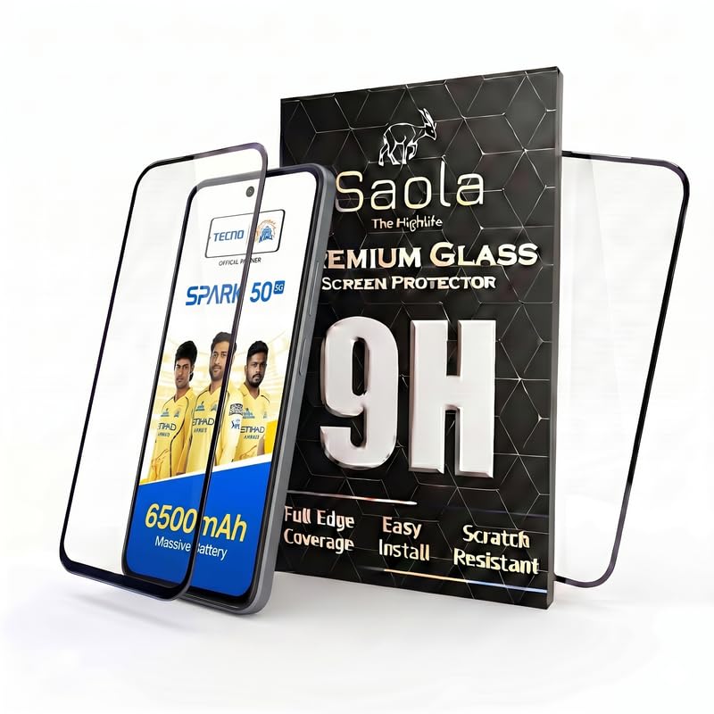 Image of Saola HD+ Oleophobic Tempered Glass For Tecno Spark 50 5G (Pack Of 2) with Hassle-less Installation Kit. Full screen Coverage. 6.78 inch