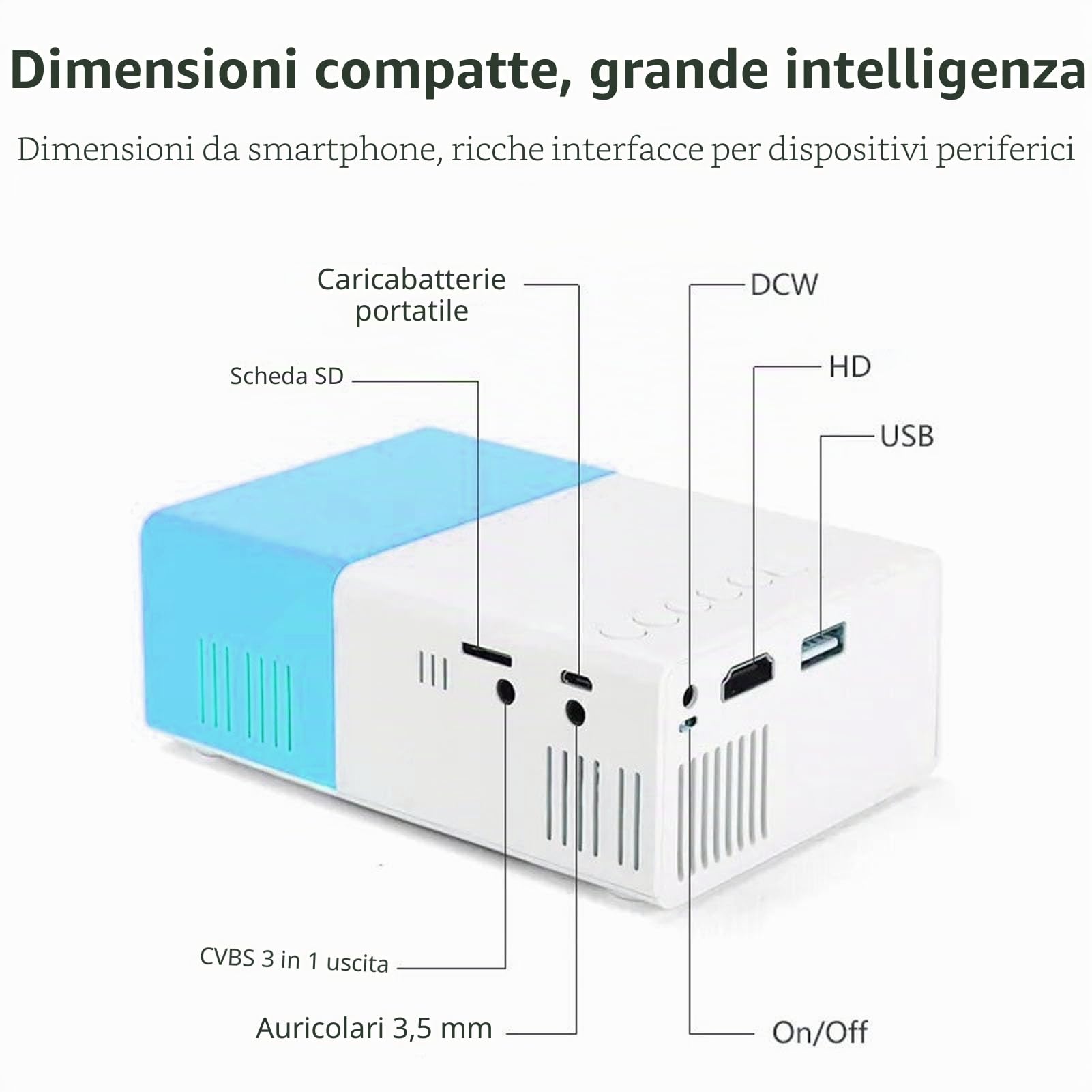 Elprico Mini Proiettore, Videoproiettore Full HD 1080P, Portatile, Blu e Bianco, HDMI, USB, Raffreddamento Attivo, Altoparlante Integrato