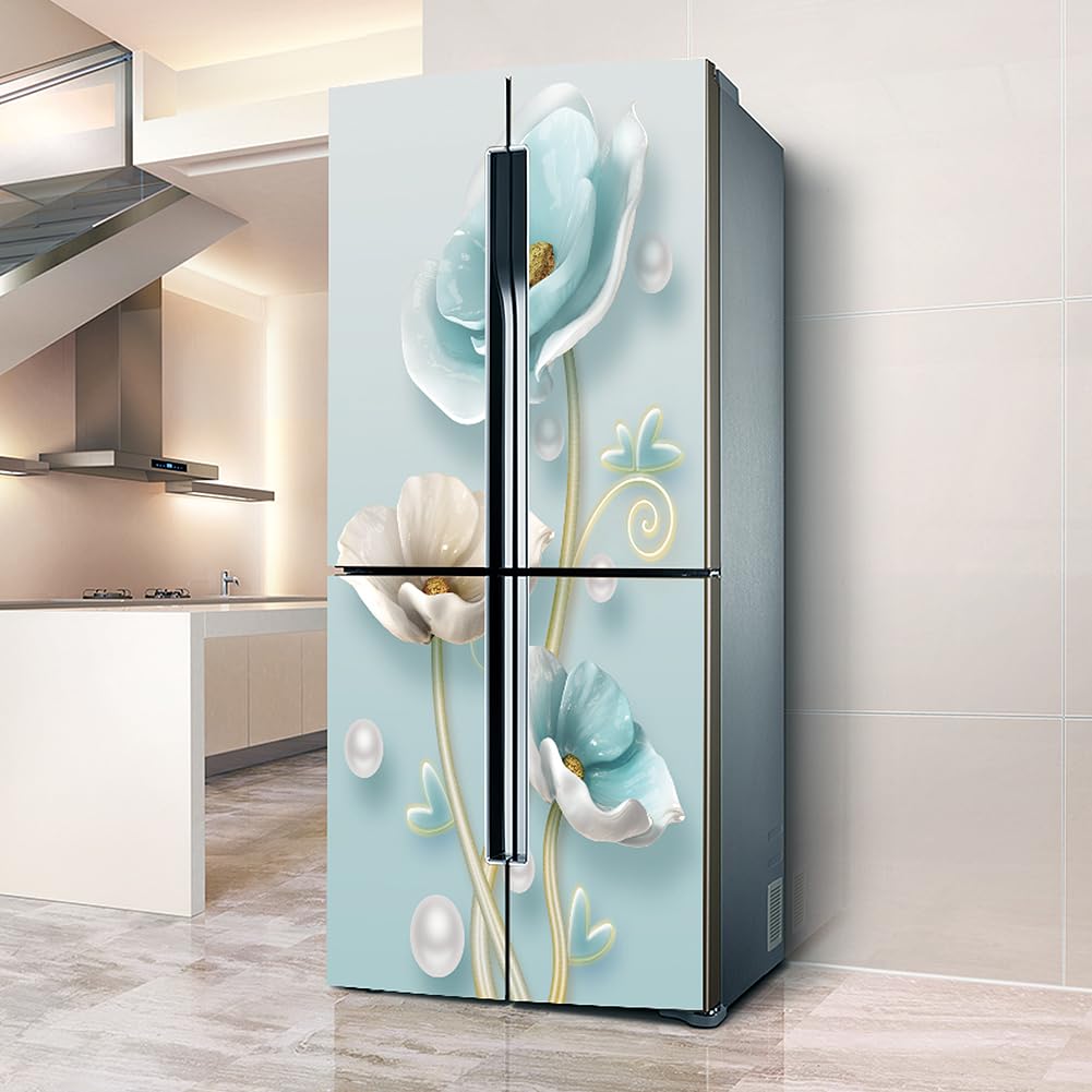 Fridge Stickers, Fridge Sticker Full Covering Door Covers Skins Wall Stickers for Kitchen Decal, Ice Blue White Flower(L: 100x180 cm)