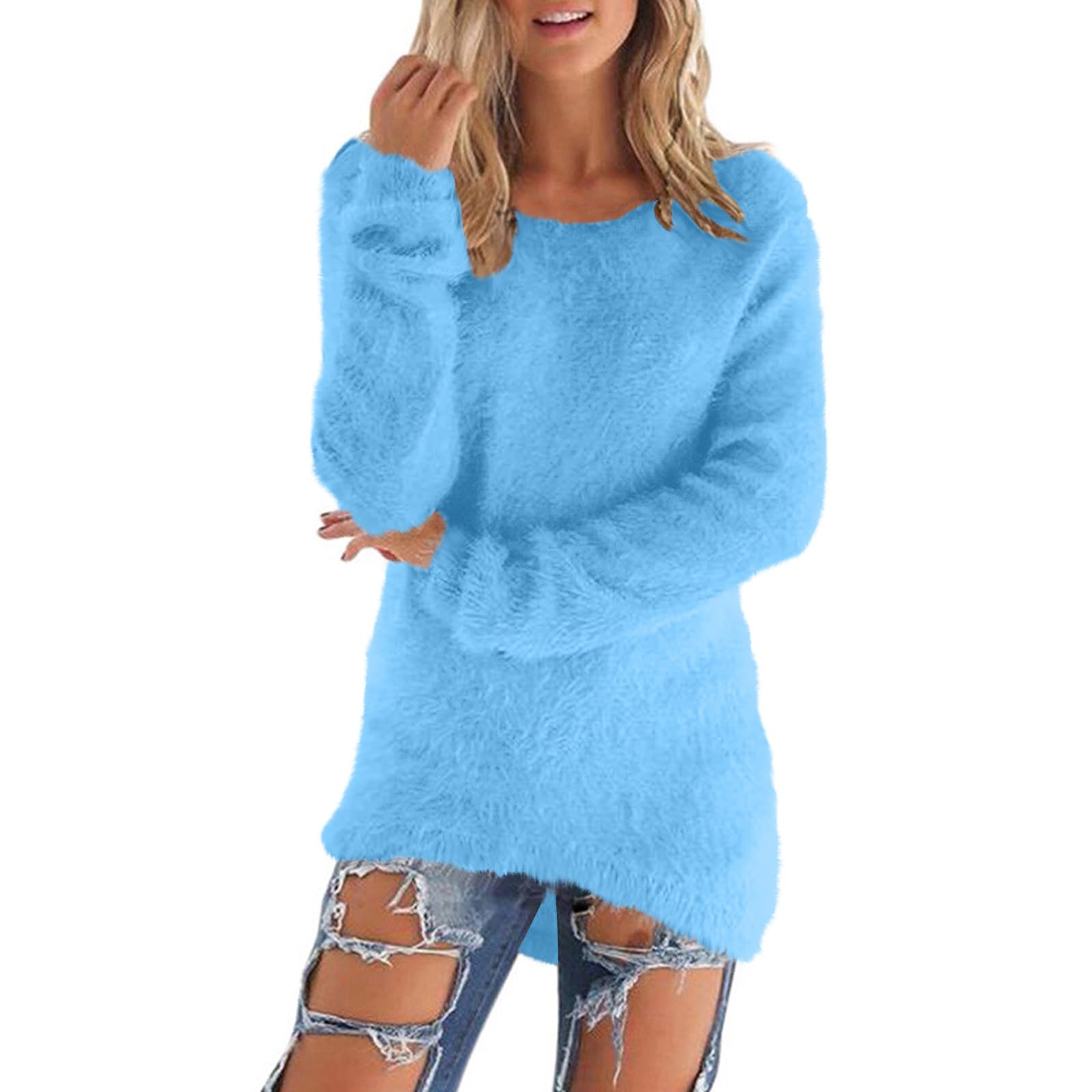 ZeiayuasWomens Fleece Tops Long Sleeve Sherpa Pile Pullover Fuzzy Fleece Sweatshirt Ladies Winter Warm Jumper Teddy Fluffy Tunic Top Loose Solid Color Crewneck Sweater UK