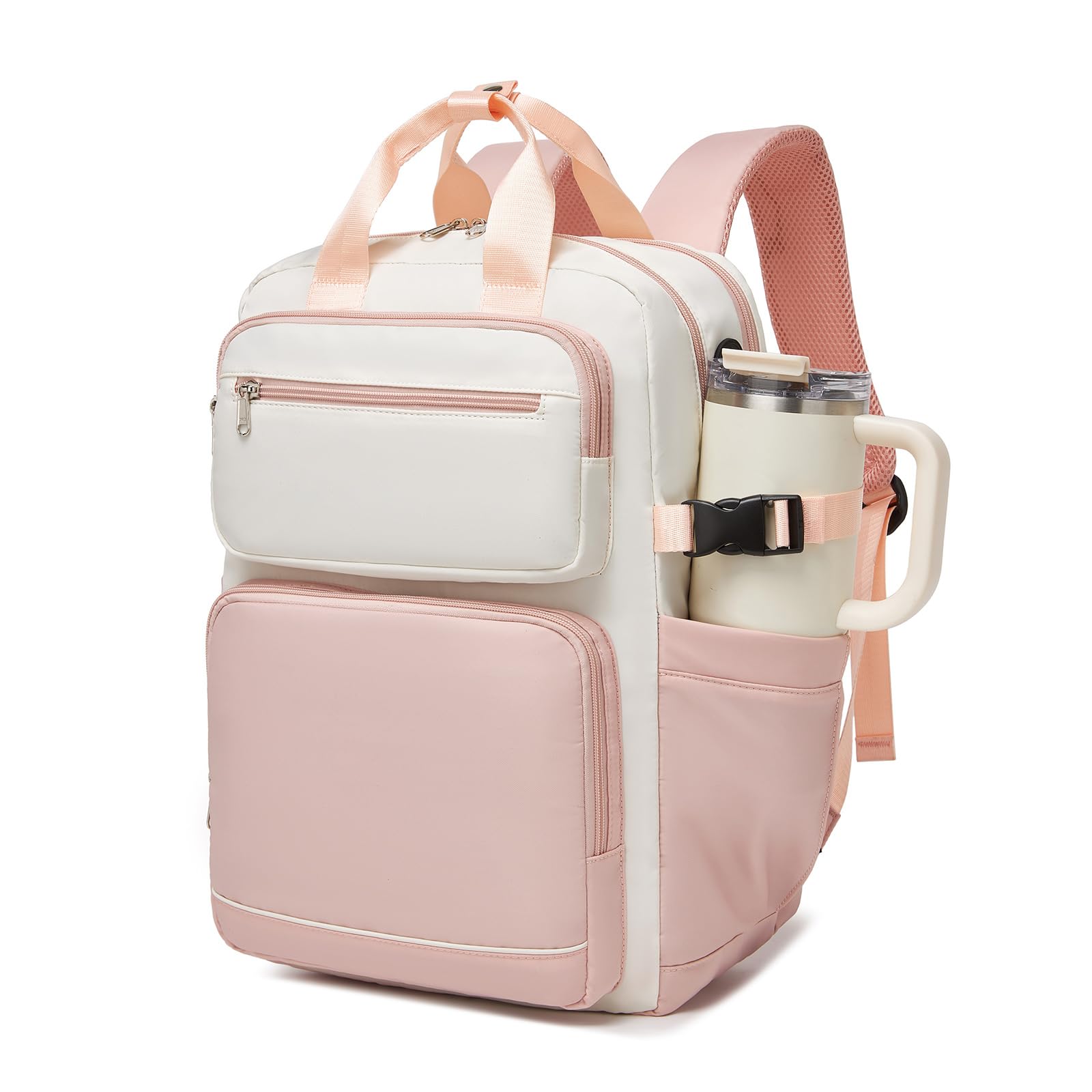 KONO Rucksack Damen 15,6 Zoll Laptop Rucksack Damen Wasserdicht, Schulrucksack Teenager Elegant, Arbeitstasche Daypack mit großem Flaschenfach, Uni Reiserucksack für Büro Reise (Beige/Rosa)