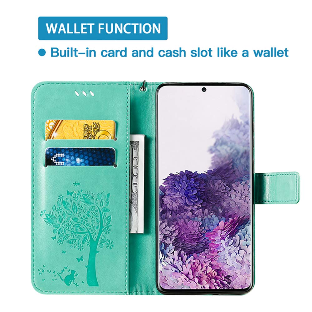Topme Skórzane etui do Samsung Galaxy M33 5G (16.8 cm) [etui na telefon w stylu kota i drzewa] - zielone