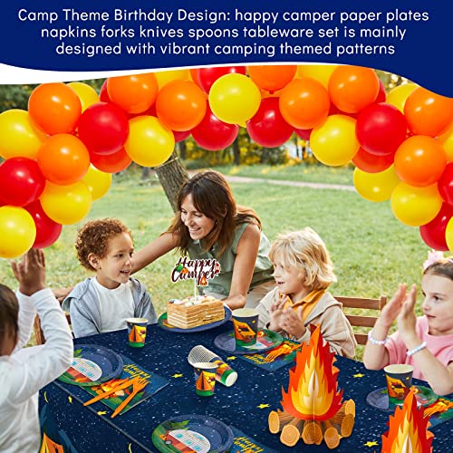 220 Pcs Camping Party Decorations Include Happy Camper Tableware Set Happy Birthday Banner Cupcake Toppers Tablecloth Campfire Centerpiece Balloons For Kids Bonfire Adventure Camping Supplies Decor #TOP4