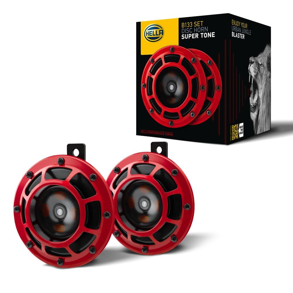HELLA Horn - PERFORMANCE HORN B133 SET - 12V - 118dB(A) - Frequenzbereich: 300/500Hz - Tiefton/Hochton - elektrisch - Gehäusefarbe: rot/schwarz - Flachsteckanschluss - Menge: 2 - 3AG 003 399-801