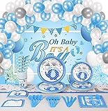 Baby Shower Decorations For Boy - 248 PCS Party Supplies Including Plates,Cups,Tableware,Napkins,Tablecloth,Invitation Card,It's A Boy Elephant Banner, Paper Lanterns, Honeycomb Balls,Balloons,Tissue Paper Fans,Service 24
