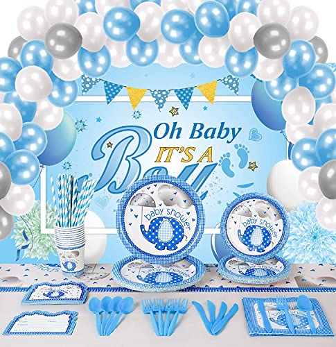 Baby Shower Decorations For Boy - 248 PCS Party Supplies Including Plates,Cups,Tableware,Napkins,Tablecloth,Invitation Card,It's A Boy Elephant Banner, Paper Lanterns, Honeycomb Balls,Balloons,Tissue
