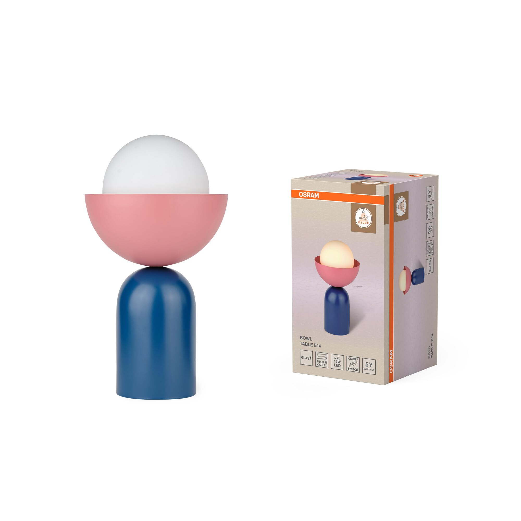 OSRAM DECOR Cuenco Lámpara de mesa E14 Azul/Rosa Vidrio 200mm | Decor Bowl, Indoor Wall Lighting, Azul|Rosa, 200 mm dia, Paquete de 1