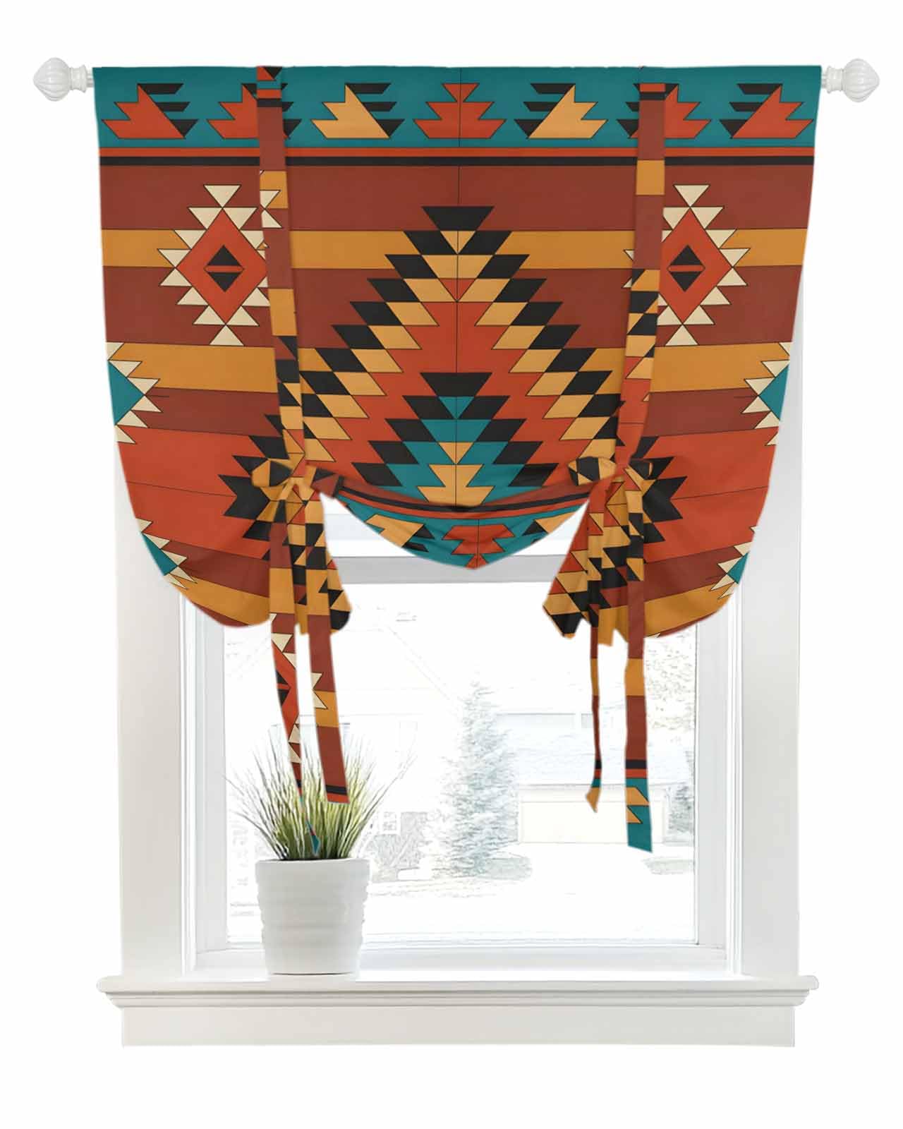Tie Up Curtains for Windows Vintage Aztec Tribe Pattern Rod Pocket Tie-Up Window Shade Adjustable Balloon Curtain Valance Abstract Bohemian Art for Bedroom Kitchen Bathroom Blinds,42x45in