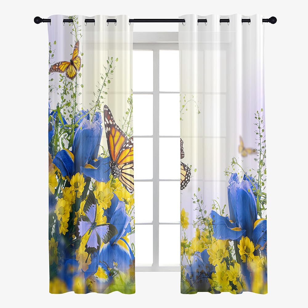 Surwin Rideau Voilage Imprimé Lavande Rideaux, Rideau à Oeillets Lot de 2, Semi-Transparent Voilages Intérieurs pour Décorer Cuisine, Salon, Chambre (107x213cm,Ciel Bleu