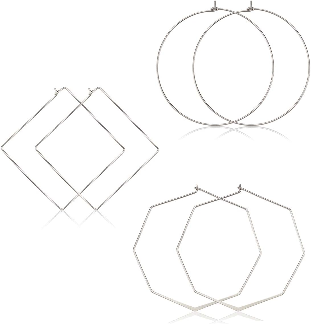 Geometric Hoop Earrings For Women Lightweight Thin Wire Thread Octagon Square Hoop Earrings Fashion Minimalist Jewelry For Women (Silver Square Circle Octagon)