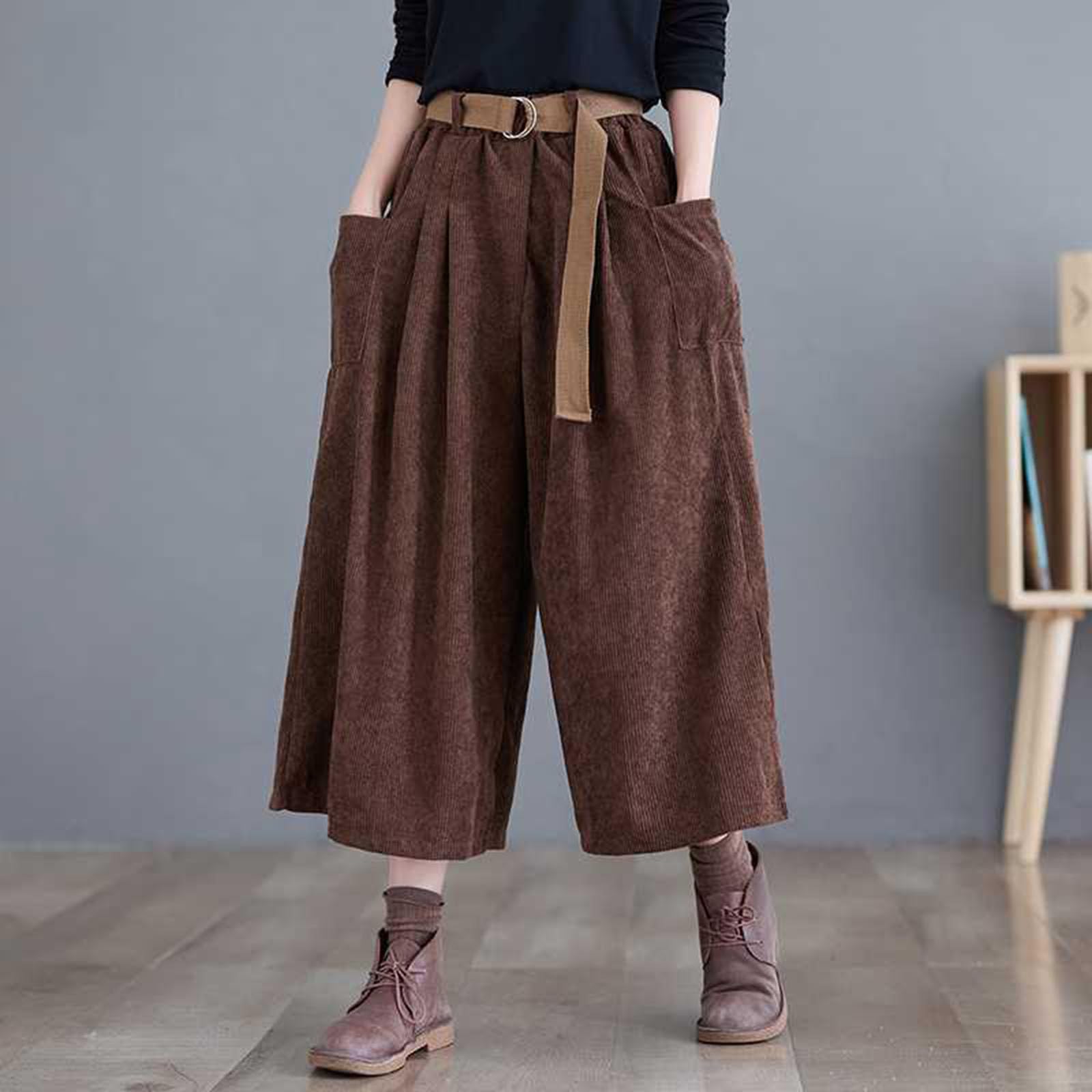 Pantalon Large Taille Haute élastique pour Femme, Pantalon Ample en Velours côtelé avec Ceinture pour l'automne et l'hiver