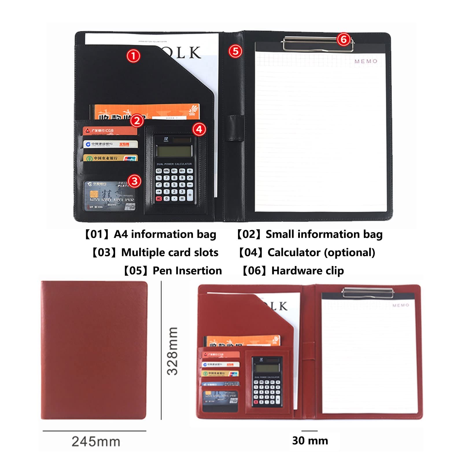 Teczka konferencyjna Organizer na dokumenty， Teczka A4 z schowkiem i miejscem do przechowywania, inteligentny organizer na dokumenty w formacie A4(Blu,12digit calculator)