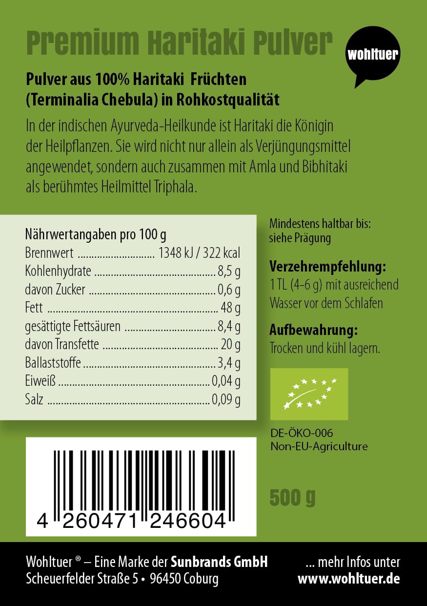 Haritaki Pulver, 500g, Ayurvedisches Nahrungsergänzungsmittel, Vegan, Laborgeprüft