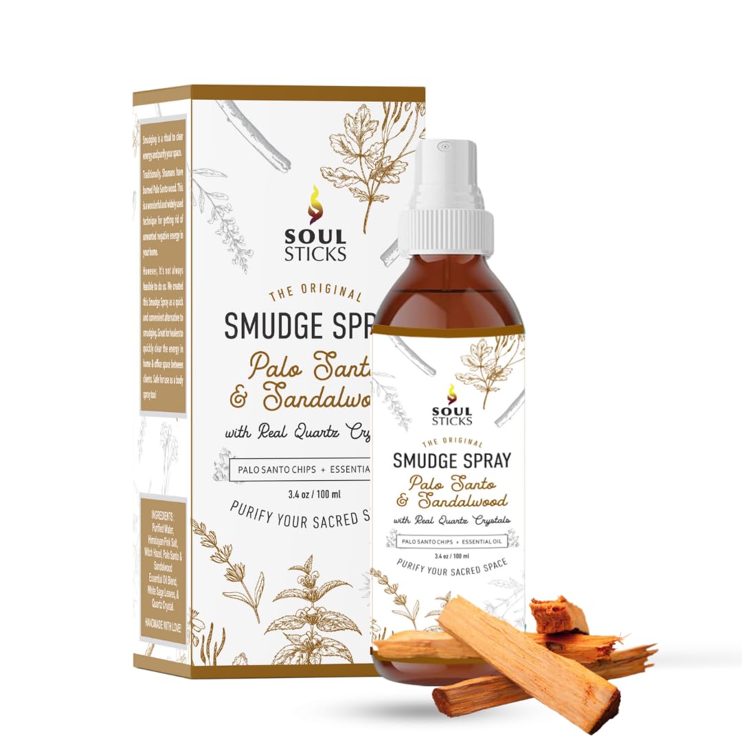 SOUL STICKS Palo Santo & Sandalwood Smudge Spray For Cleansing and Negative Energy | 3.5oz Palo Santo Spray with Real Quartz Crystals | Sage Room