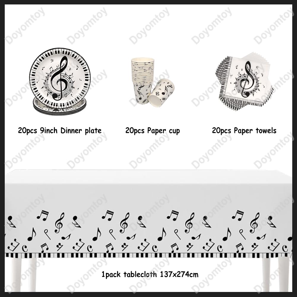 Doyomtoy Set da tavola per feste con note musicali, 61 pezzi, 20 piatti, 20 bicchieri, 20 tovaglioli, 1 tovaglia, decorazione per feste di compleanno