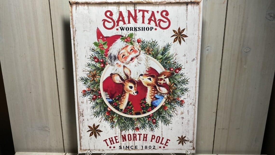 Sitrmgh Sign Retro Santa Claus And Reindeer Santa's Workshop North Pole, Plaque Retro Metal Tin Vintage For Home Coffee Shop Kitchen Wall Decor 8X12 Inch