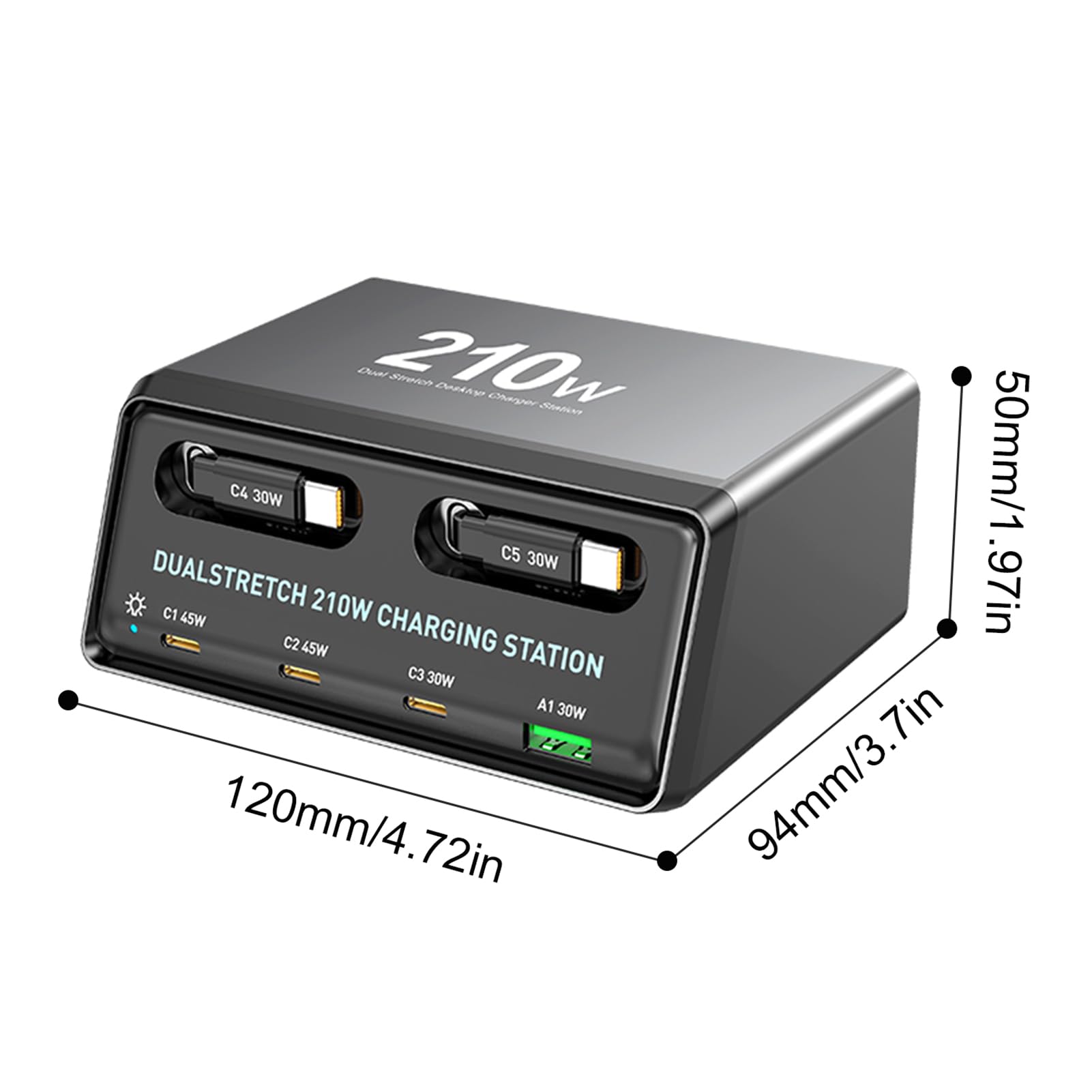 Fockety Tisch-Ladestation, 210W-Ladegerät mit 6 USB C-Anschlüssen und Zwei einziehbaren PD-Kabeln, PD-Ladegerät mit 45W und 30W für das Homeoffice, Gaming-Schreibtischzubehör (EU-Stecker)