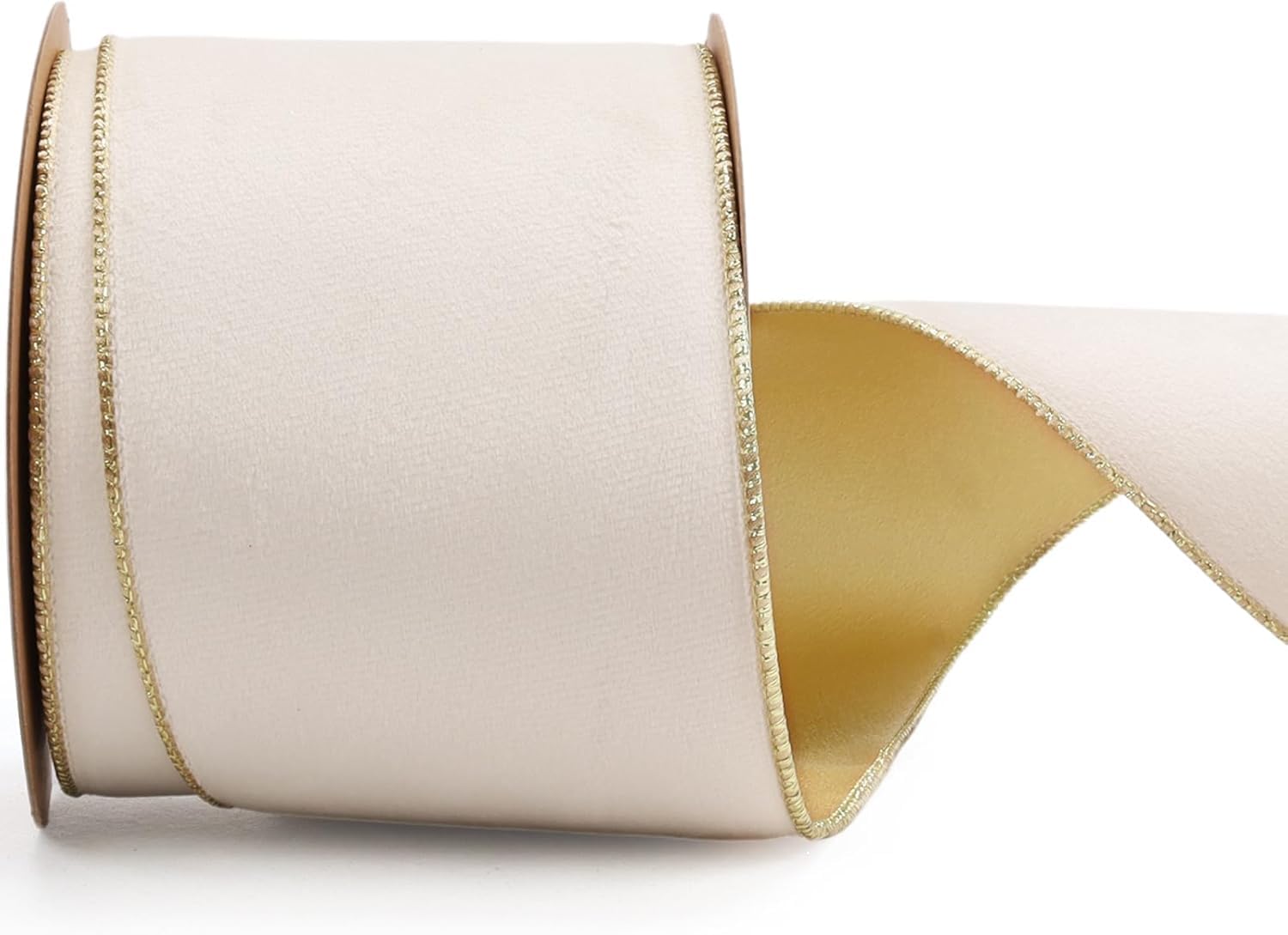 LaRibbons Ivory Velvet Wired Ribbon, Gold Edge, Gold Satin Back, 4 Inch
