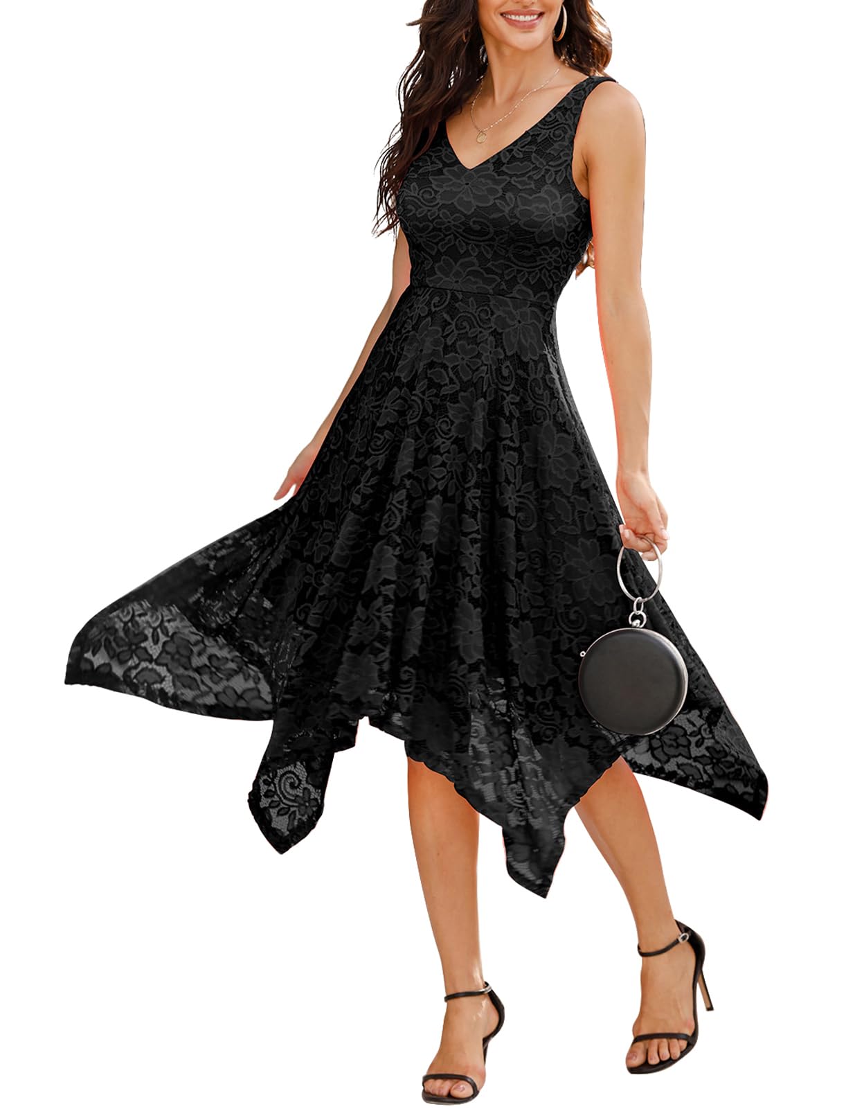 Meetjen Summer Wedding Guest Dresses Holiday Lace Floral Elegant Cocktail Bridesmaid Dress Knee Length for Party Black L