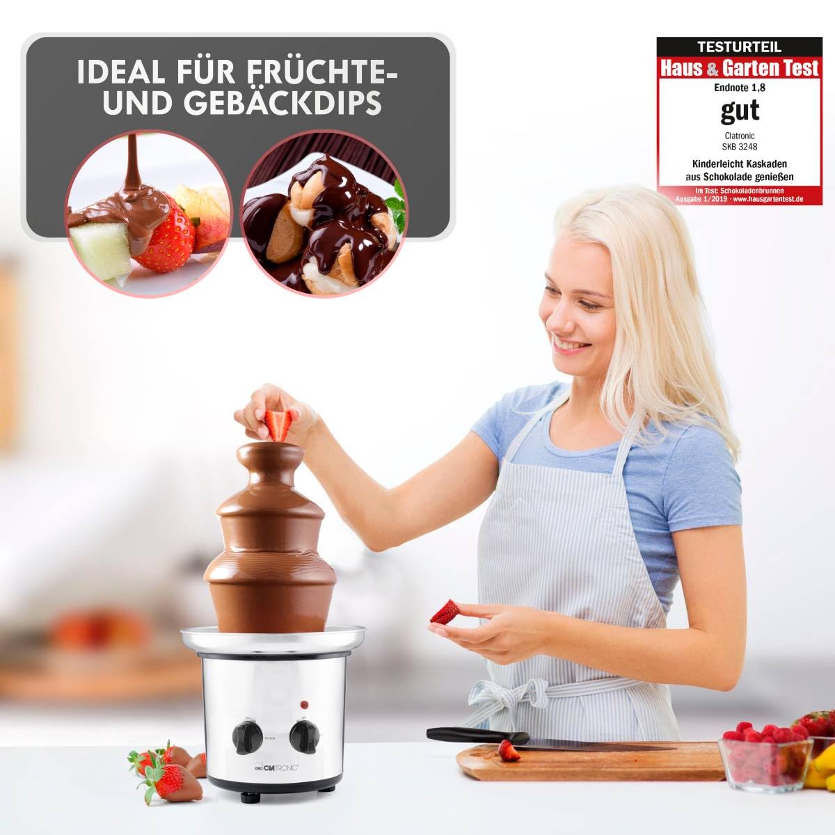 Clatronic® Fontaine à chocolat | pour fruits et pâtisseries | chocolat chaud et liquide pour brunch, fête, Noël, Nouvel An | bol de récupération profond + fontaine en acier inoxydable | SKB 3248