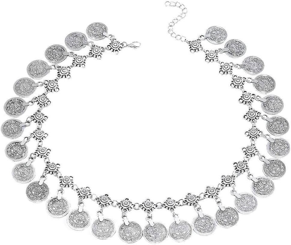 CanB Gypsy Coin Pendant Necklace Fashion Turquoise Silver Statement Necklace Chain Charm Vintage Necklace Jewelry for Women Girls