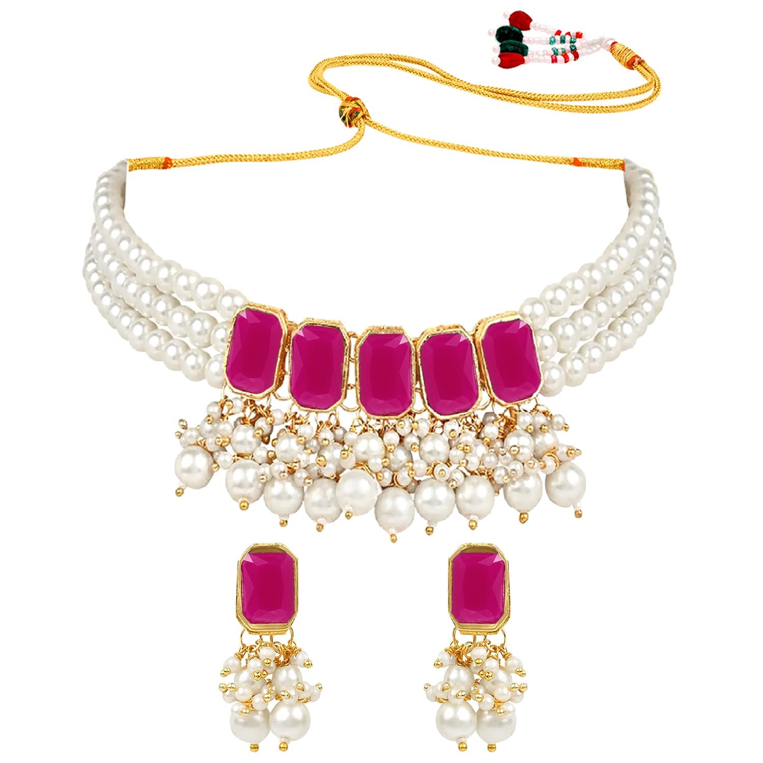 18K Gold Plated Traditional Stone Studded Multi Layered White Pearl Choker Necklace Jewellery Set with Earrings for Women And Girls (IJ355)