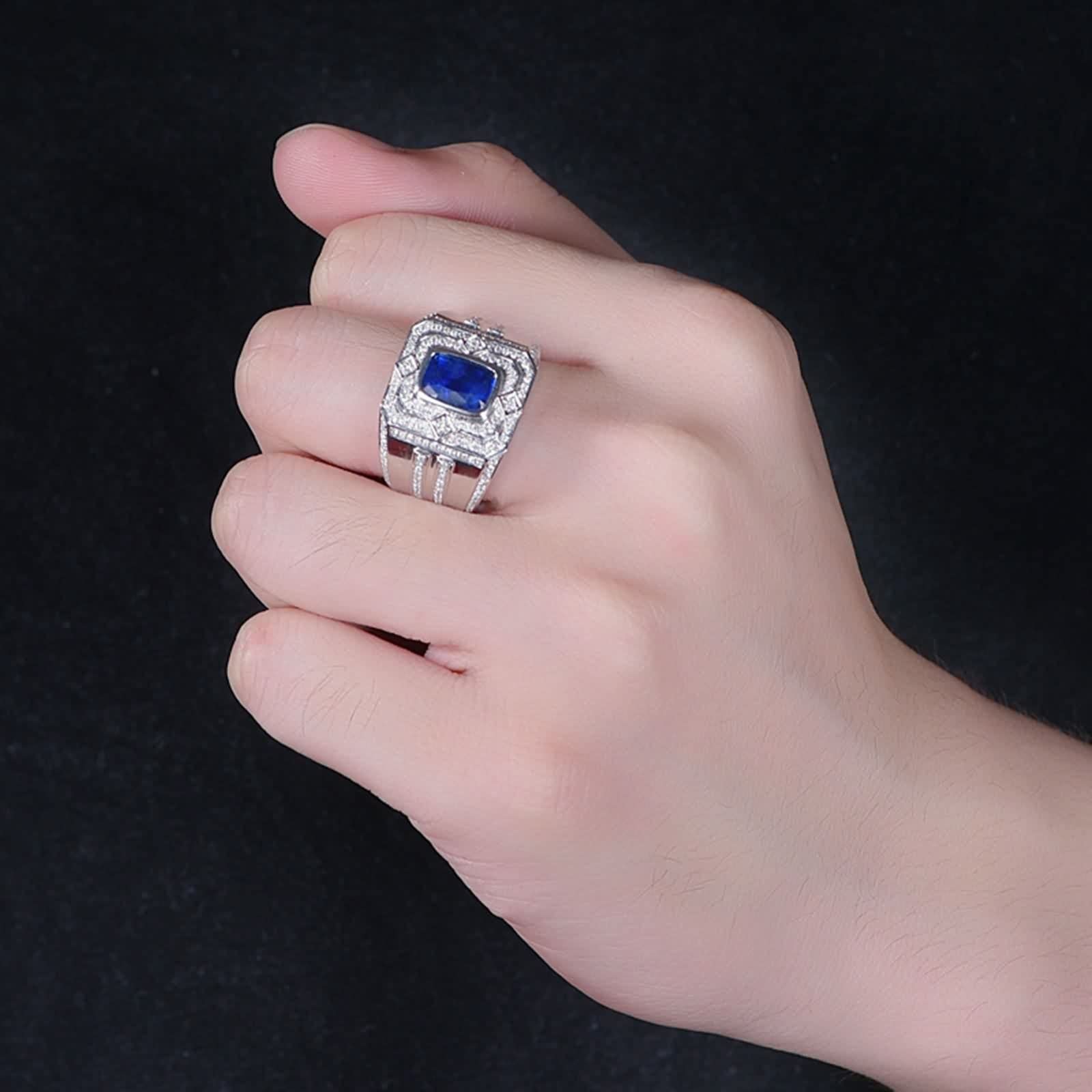 Anillo Zafiro Y Plata, Anillo Vintage Azul Oro Blanco 18K Azul Forma Rectangular Diamante Blanco para Esposo con Joyero