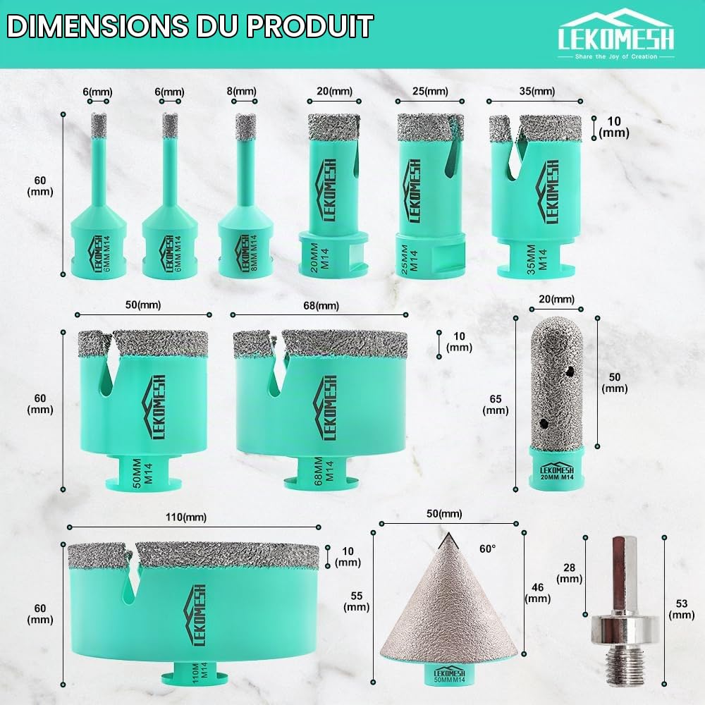 Scie Cloche Carrelage Diamant - 12pcs (6/6/8/20/25/35/50/68/110mm+20mm Fraise Diamant+50mm Mèches Chanfrein+Adaptateur) Foret Carrelage Trepans pour Porcelaine Céramique Marbre Brique Béton