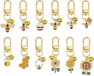 DELORIGIN 12pcs Enamel Cat Collar Bells, Bees Sunflower Jewelry Bell Charms with Swivel Clasps Alloy Collar Pendants with Bells for Pet Dog Cat Necklace Decoration Training Keychains DIY Crafts