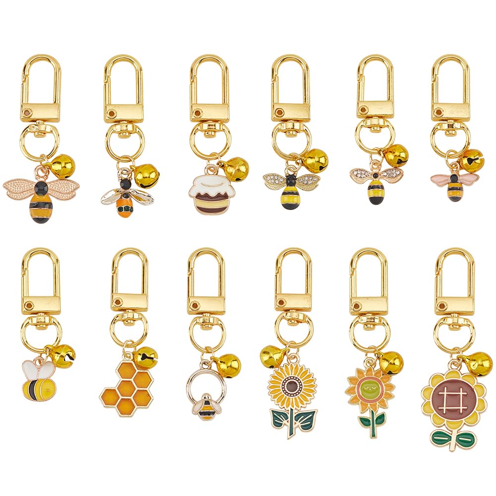 DELORIGIN 12pcs Cat Dog Collar Bells, Enamel Bees Sunflower Bell Charms with Swivel Clasps Alloy Collar Pendant Accessories for Pet Dog Cat Necklace Decoration Training Keychains DIY Crafts, Metal, No