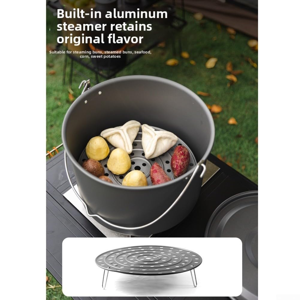 Olla colgante de camping de 15 L con tapa y vaporizador, juego de utensilios de cocina de aleación de aluminio anodizado duro con tabla de cortar, mango resistente al calor para picnic al aire libre