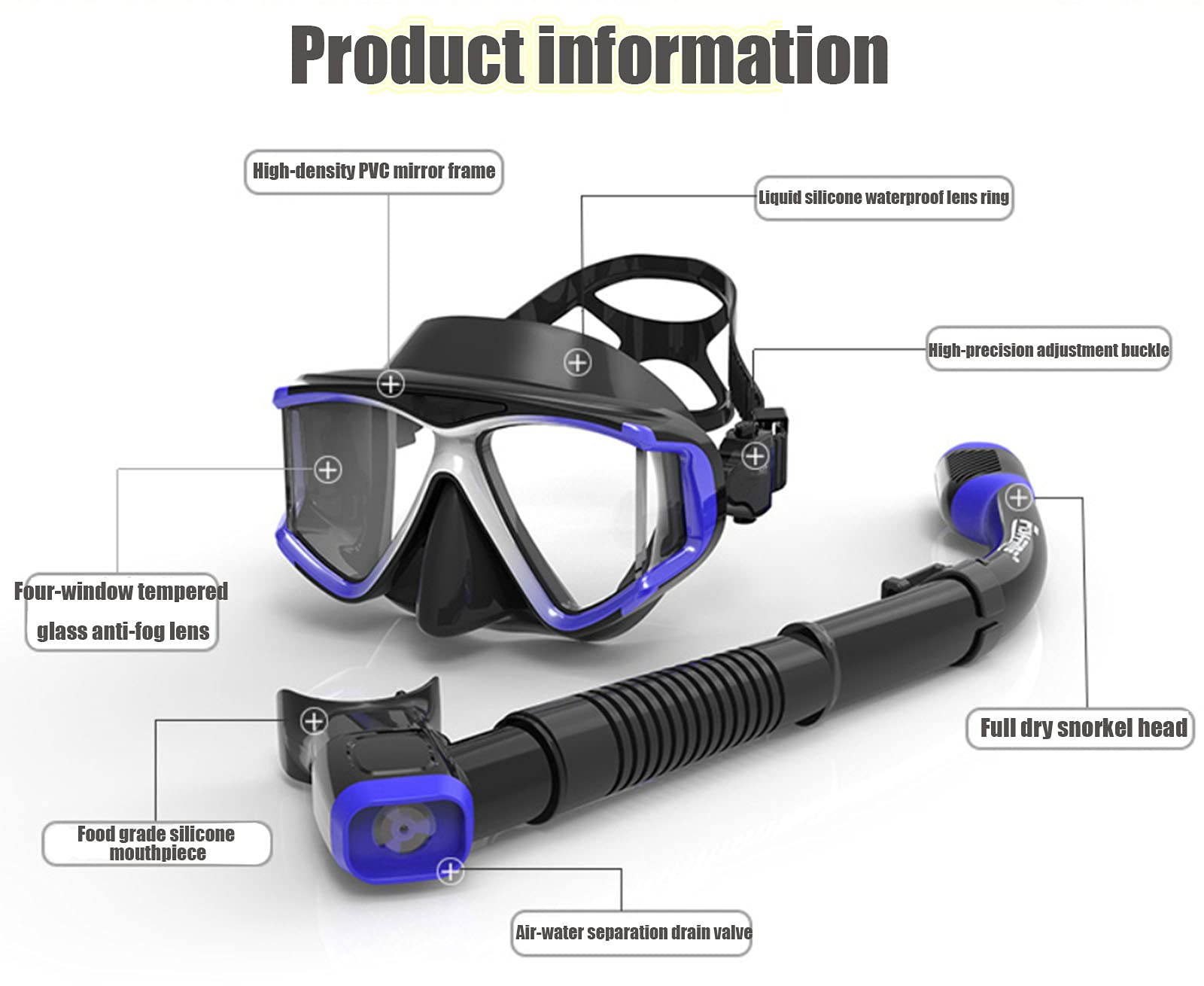 Máscara De Buceo, Gafas De Buceo con Esnórquel, Gafas De Buceo Libre De Vidrio Templado - Kit De Esnórquel Seco con Boquilla Cómoda, Color Verde