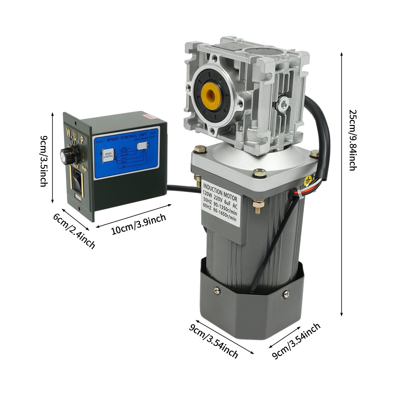 220V 120W Moteur à engrenage à vis sans fin électrique avec régulateur, vitesse de rotation réglable, réducteur d'engrenage à vis sans fin avec roulement à billes double, moteur à engrenage à vis sans