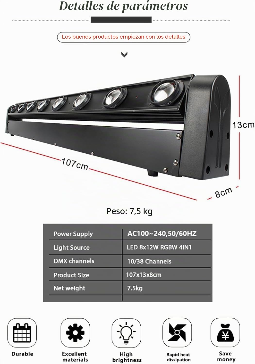 SHEHDS RGBW 4 en 1 tira de luz LED con cabezal móvil 8 x 12 W, haz de luz y efecto reflectante, ángulo de lente 8°, inclinación 180°, tira de luz DMX y control de sonido