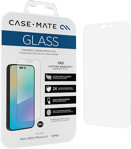 Case-Mate Protector de pantalla para iPhone 14 Pro de 6.1 pulgadas, vidrio templado antiarañazos con protección contra roturas, película de vidrio