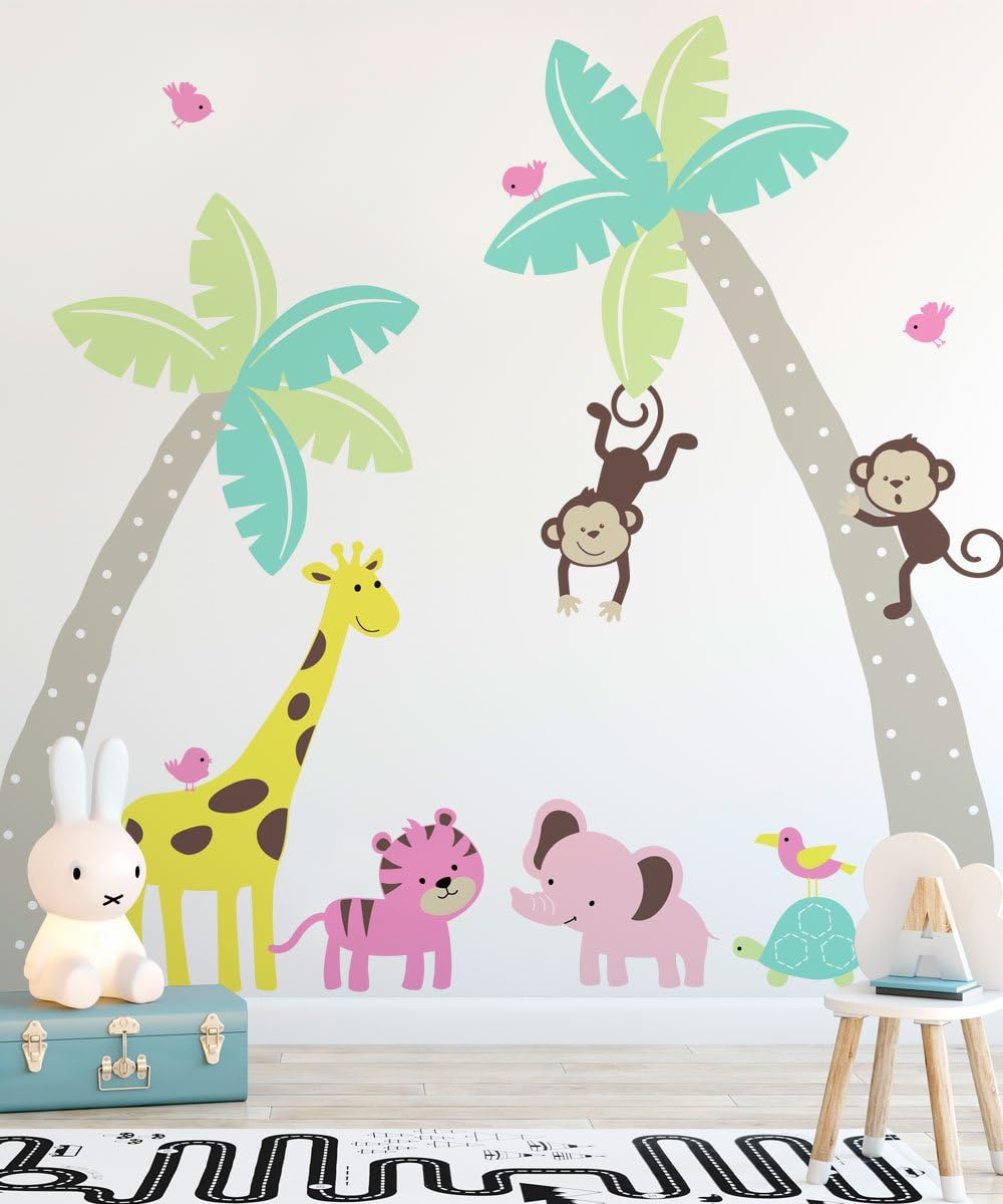 Palm Trees with Cute Jungle Animals Wall Decal - Scheme B - by Simple Shapes