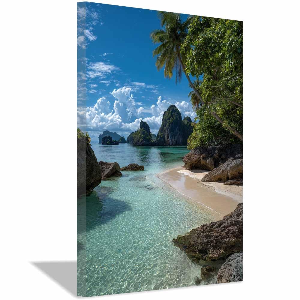 HOQIU Natural scenery wall art Secluded Tropical Lagoon decorative painting, wall art, for Living Room Bathroom Bedroom Kitchen Decoration.(Multicolor)-60x80cm Framed